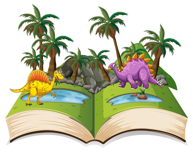 Vetor grátis livro aberto com vários desenhos animados de dinossauros