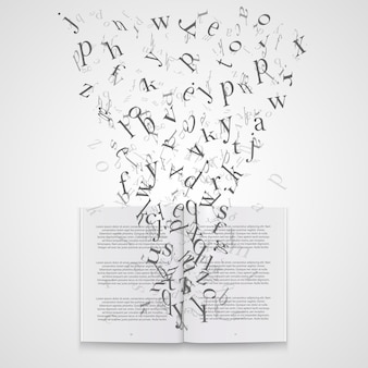 Livro com arte de letras voadoras. ilustração vetorial