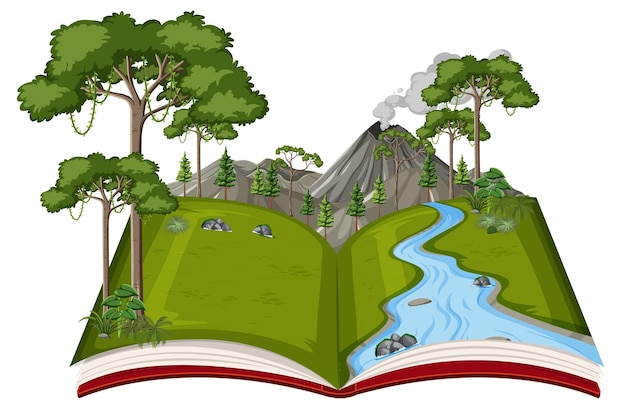 Livro com cena de rio correndo pela floresta