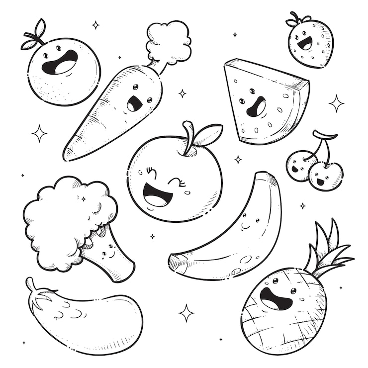 Vetor grátis livro de colorir kawaii desenhado à mão com frutas