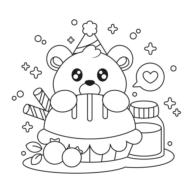 Livro de colorir kawaii desenhado à mão com urso