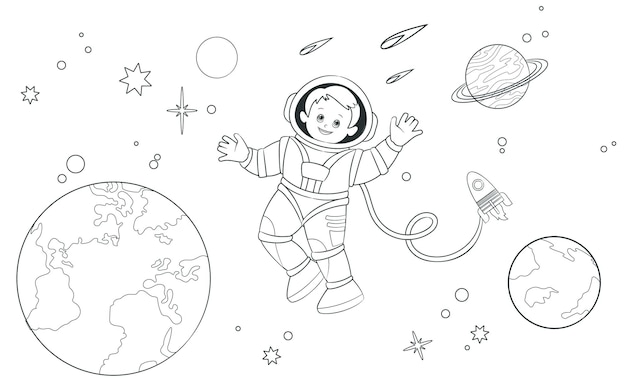 Livro de colorir um jovem astronauta voa em espaço aberto contra o fundo da terra, planetas e estrelas. ilustração vetorial no estilo cartoon