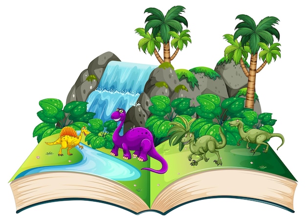 Vetor grátis livro de dinossauro na floresta