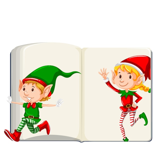 Livro em branco aberto com desenhos animados de elfos