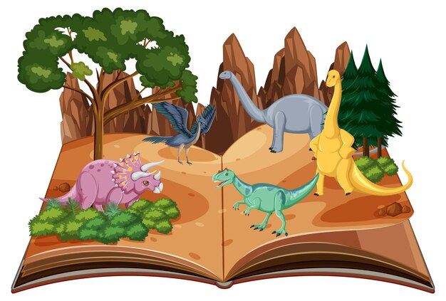 Livro pop-up com cena da natureza ao ar livre e dinossauro