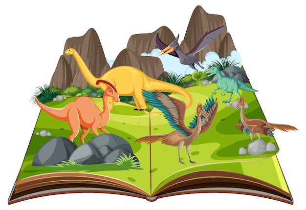 Vetor grátis livro pop-up com cena da natureza ao ar livre e dinossauro