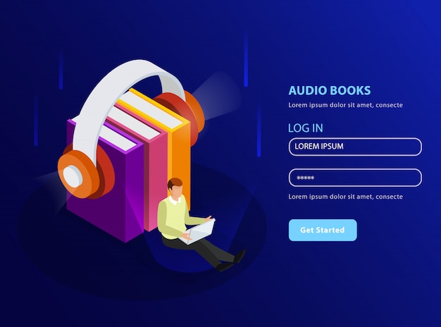 Livros de áudio isométricos no formato de modelo de página de destino com fones de ouvido e pilha de livros didáticos brilham ícones
