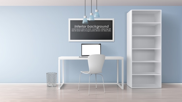 Vetor grátis local de trabalho em casa no quarto apartamento minimalista interior 3d realista vector maquete. quadro de pintura com texto de exemplo sob a mesa de trabalho com laptop, cadeira e rack com ilustração de estantes vazias