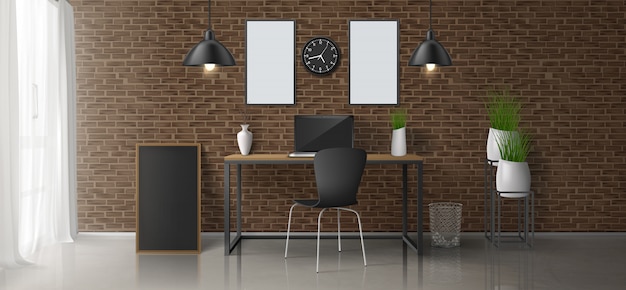 Local de trabalho em casa, sala de escritório design minimalista de vetor realista 3d ou interior de estilo loft com laptop na mesa de trabalho, pinturas em branco, molduras na parede de tijolos, lâmpadas de suspensão, ilustração de vasos de flores