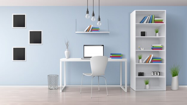 Local de trabalho em casa, sala de escritório moderno ensolarado, interior de estilo minimalista em vetor realista de cores pastel com mobiliário branco, laptop na mesa, rack e estantes