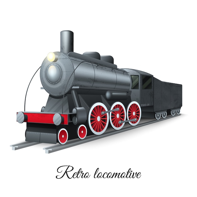 Locomotiva de ferro de trem a vapor de estilo retro na ferrovia