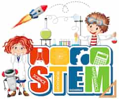 Vetor grátis logotipo da educação stem com personagem de desenho animado de cientista