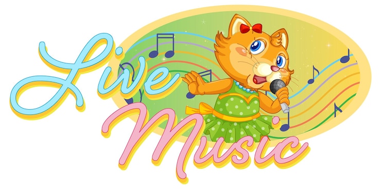 Vetor grátis logotipo da música ao vivo com gatinho cantando