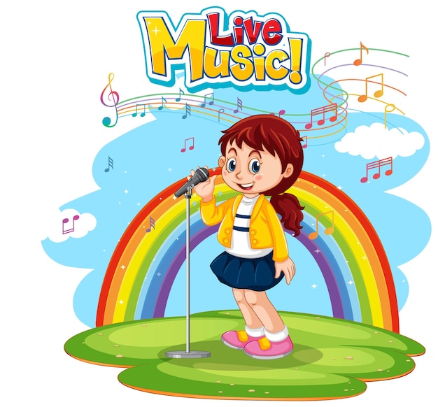 Logotipo da música ao vivo com uma garota cantando no fundo do arco-íris