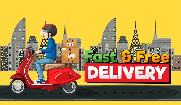 Logotipo de entrega rápida e grátis com homem de bicicleta ou mensageiro