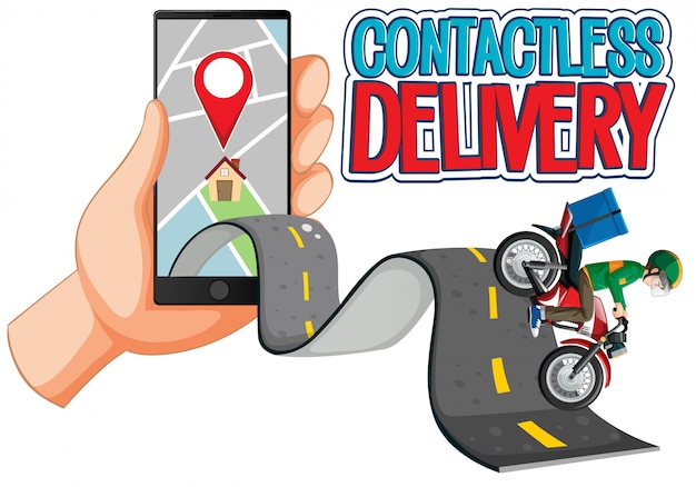 Logotipo de entrega sem contato com o homem da bicicleta ou entregador andando
