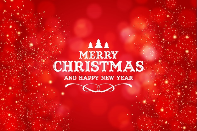 Vetor grátis logotipo de feliz natal e feliz ano novo com fundo de bokeh vermelho realista de natal