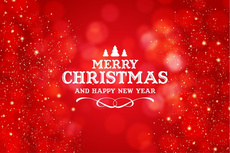 Vetor grátis logotipo de feliz natal e feliz ano novo com fundo de bokeh vermelho realista de natal