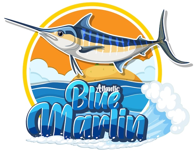 Vetor grátis logotipo de peixe marlin azul com personagem de caixa