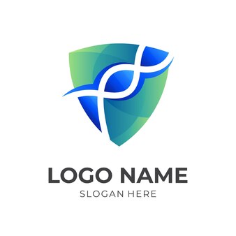 Logotipo, dna guard, modelo de logotipo, escudo e dna, combinação de logotipo com estilo 3d de cor azul e verde