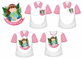 Vetor grátis logotipo do dia da mãe terra e um conjunto de diferentes camisas brancas com mangas curtas rosa isoladas no branco