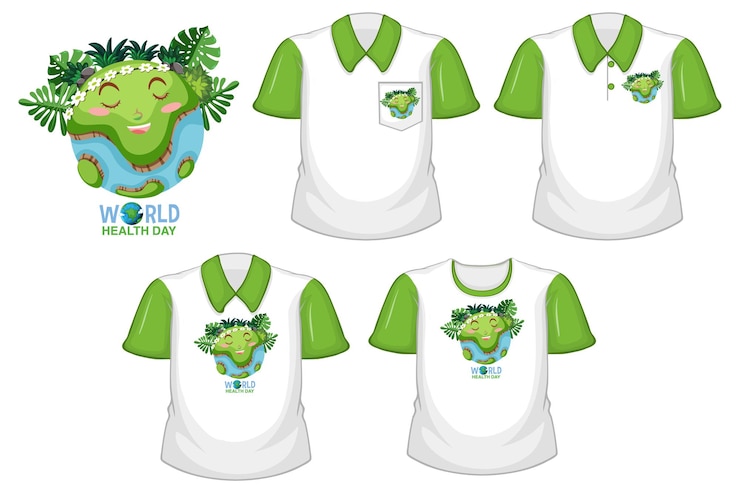 Vetor grátis logotipo do dia mundial da saúde e conjunto de camisa branca diferente com mangas curtas verdes isoladas no fundo branco