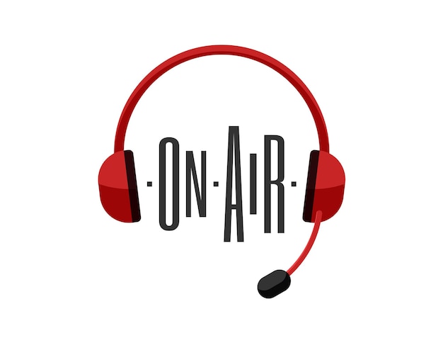 Logotipo do estúdio de transmissão de rádio fones de ouvido vermelhos com inscrição on air estilizada como onda sonora live
