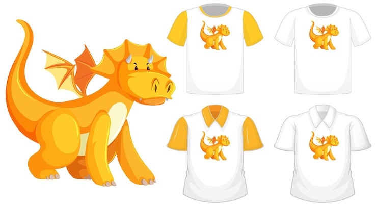 Vetor grátis logotipo do personagem de desenho animado do dragão em uma camisa branca diferente com mangas curtas amarelas isoladas no fundo branco
