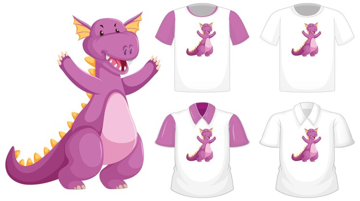 Vetor grátis logotipo do personagem de desenho animado do dragão em uma camisa branca diferente com mangas curtas roxas isoladas