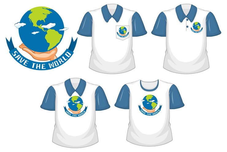 Vetor grátis logotipo do save the world e um conjunto de diferentes camisas brancas com mangas curtas azuis isoladas no fundo branco