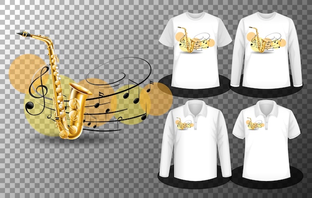 Logotipo do saxofone com notas musicais com conjunto de diferentes camisetas com tela de logotipo nas camisetas