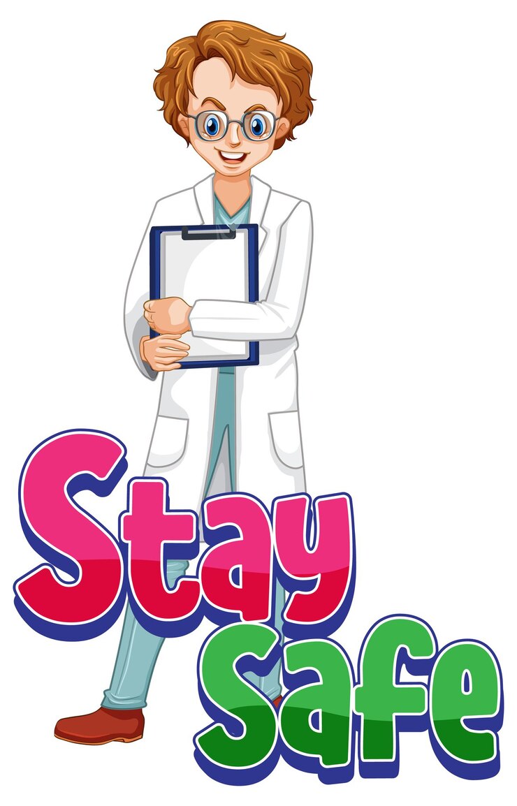 Vetor grátis logotipo do stay safe com um personagem de desenho animado médico isolado