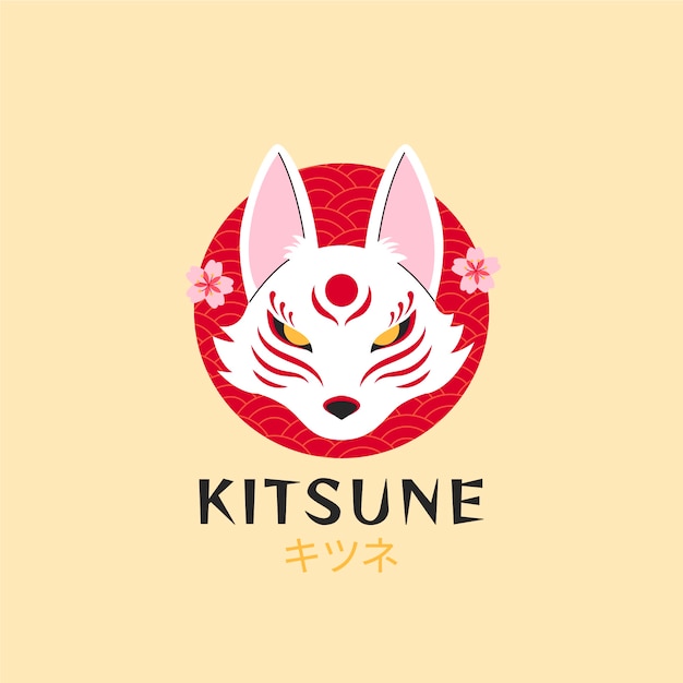 Logotipo kitsune de design plano desenhado à mão
