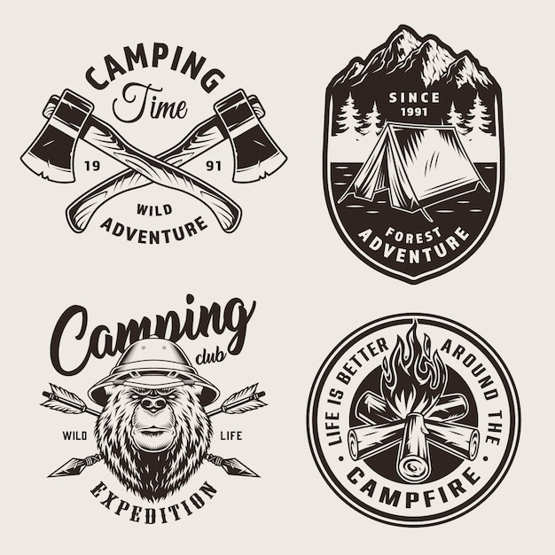 Logotipos de acampamento monocromáticos vintage