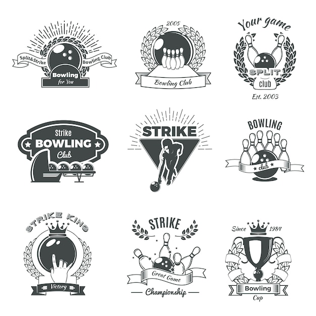 Vetor grátis logotipos de bowling monocromático estilo vintage