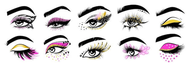 Logotipos de extensão de cílios ilustração em vetor de fabricante de extensões de cílios conjunto de olhos femininos Vetor Premium