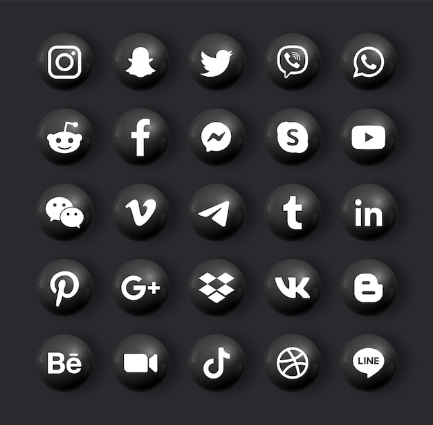 Logotipos de ícones de mídia social em círculo preto redondo 3d ou botões modernos