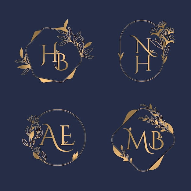 Logotipos de monograma de casamento caligráfico dourado