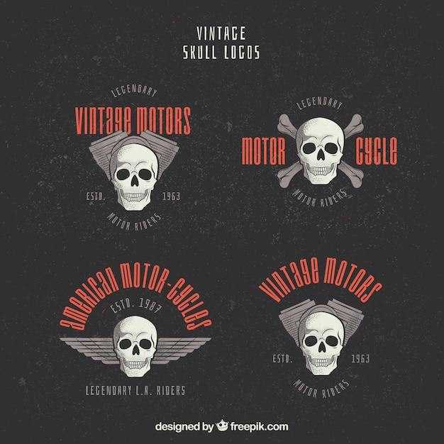 Vetor grátis logotipos do crânio do vintage com detalhes vermelhos