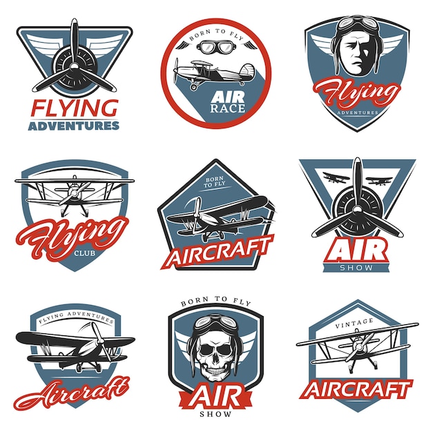 Vetor grátis logotipos vintage coloridos de aeronaves