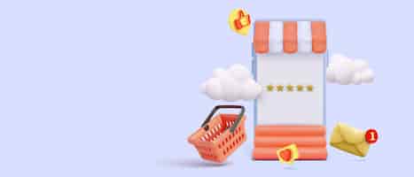 Vetor grátis loja de compras online com celular, carrinho de compras, correio, nuvens em estilo realista. ilustração vetorial