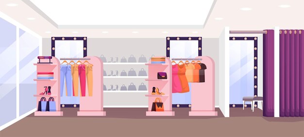 Loja de moda com design de interiores de roupas Vestuário de provador em cabides em sapatos de exibição e bolsas nas prateleiras