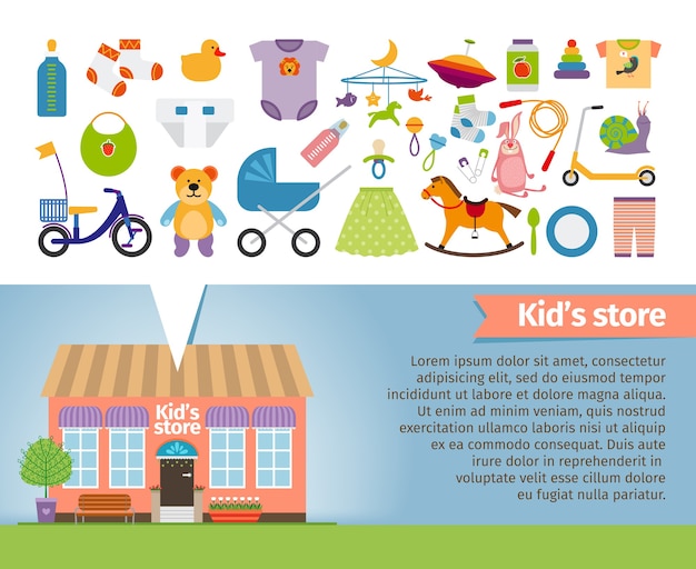 Vetor grátis loja para crianças. roupas e brinquedos infantis. varejo e caracol, whirligig e meias, chocalho e chupeta, carrinho e urso.