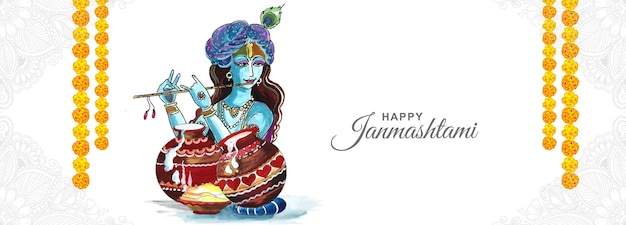 Lord krishna janmashtami banner religioso design de cartão de férias