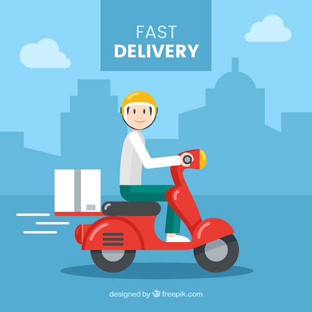 Vetor grátis lovely deliveryman com scooter