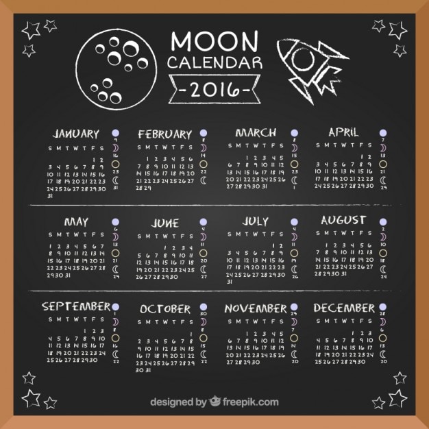 Lua calendário 2016 no quadro-negro