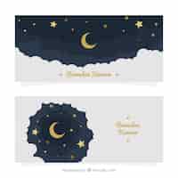 Vetor grátis lua, céu, bandeiras, estrelas, ramadan, kareem
