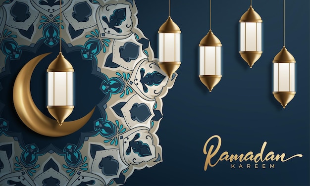 Lua decorativa Ramadan kareem com lâmpadas penduradas