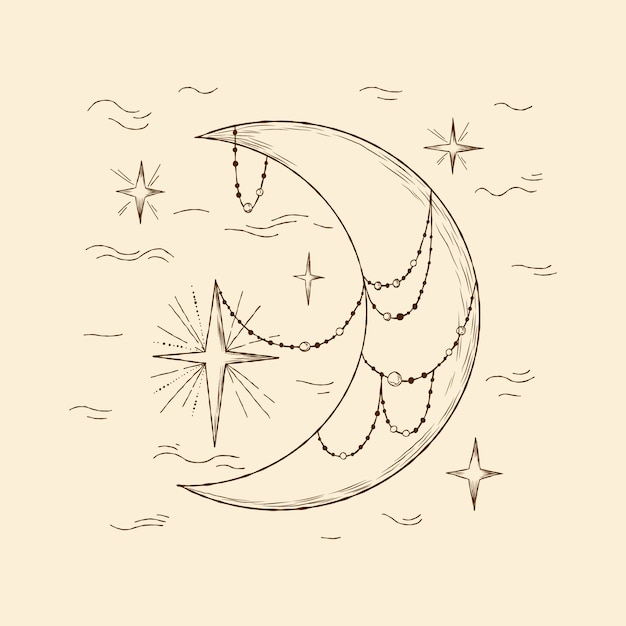 Vetor grátis lua desenhada à mão e ilustração de desenho de estrelas