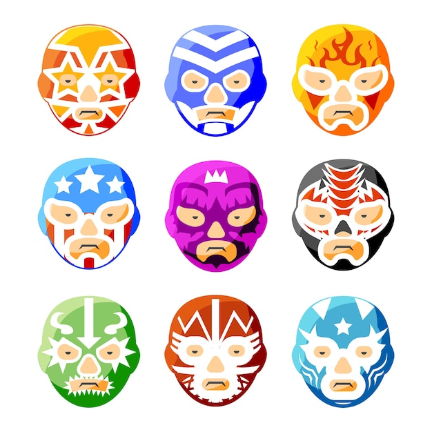 Vetor grátis lucha libre, conjunto de ícones de cores de máscaras de luta livre mexicana luchador. personagem de personagem, símbolo de traje esportivo